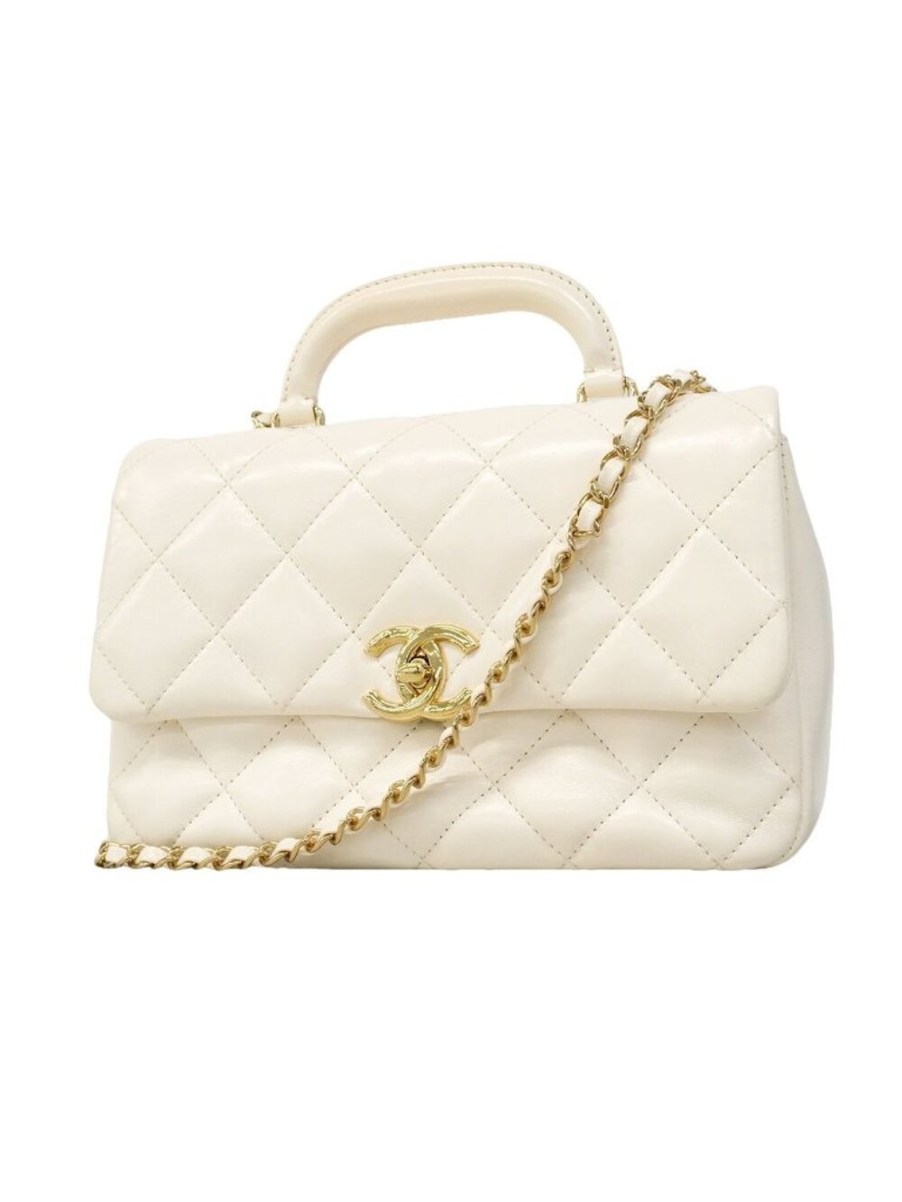 Chanel Handbag Quilted Lambskin White Champagne Gold 2-Way